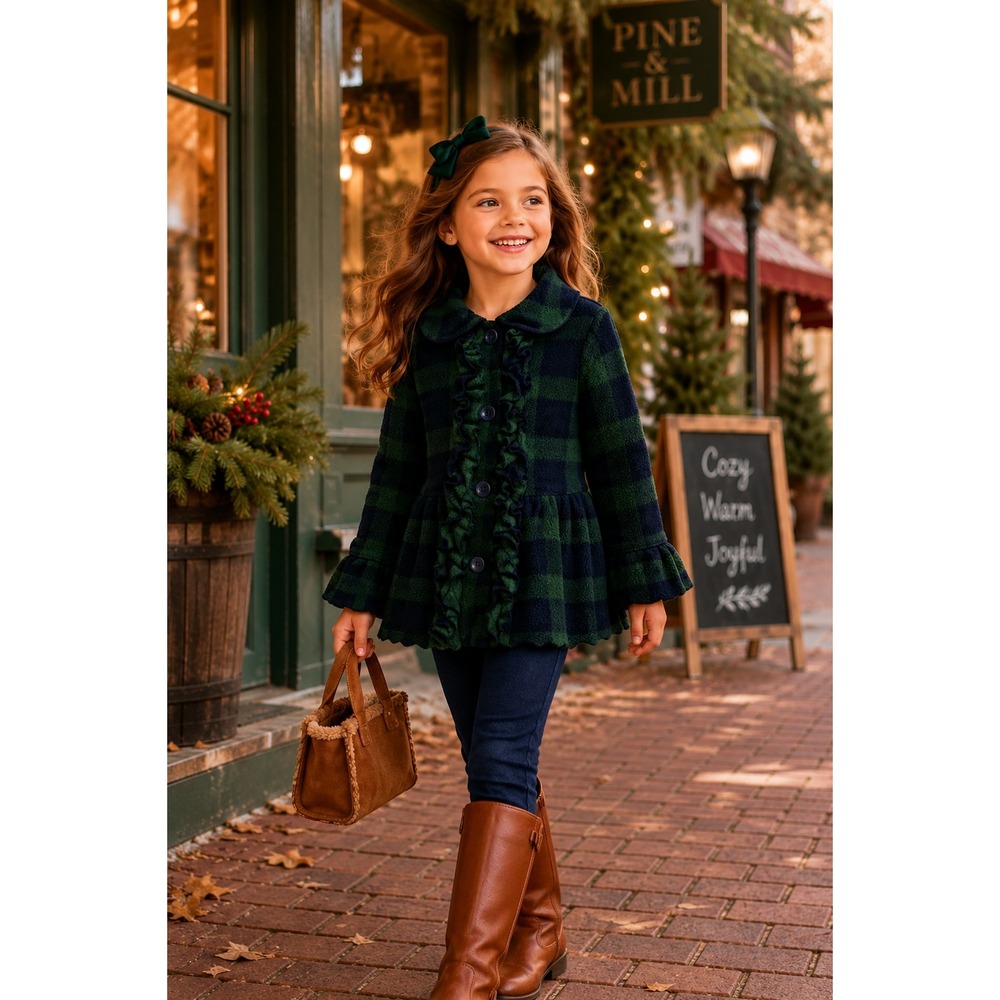 Mack &‎ Co Girls Green Navy Buffalo Plaid Ruffle Peplum Fleece Jacket Size 6